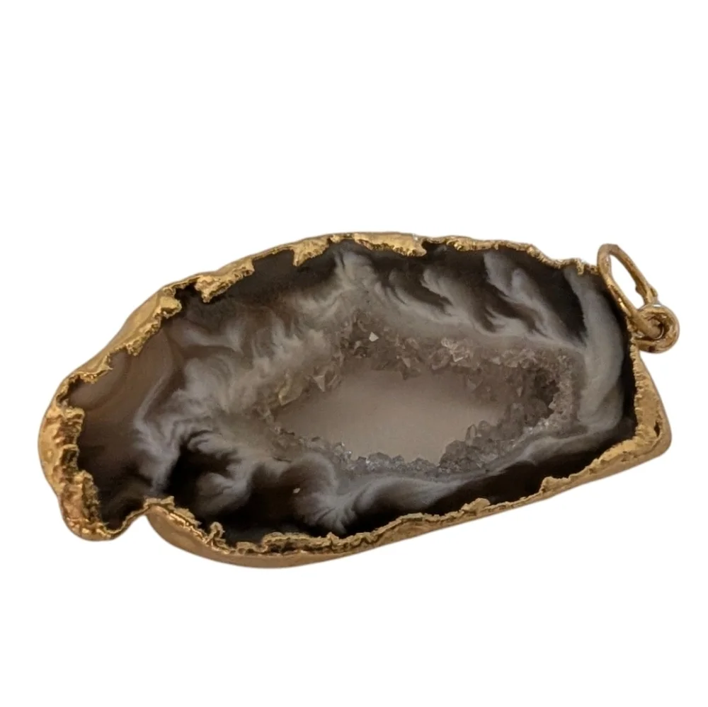 VINTAGE Druzy Agate Natural Quartz Gold Dipped Necklace Pendent